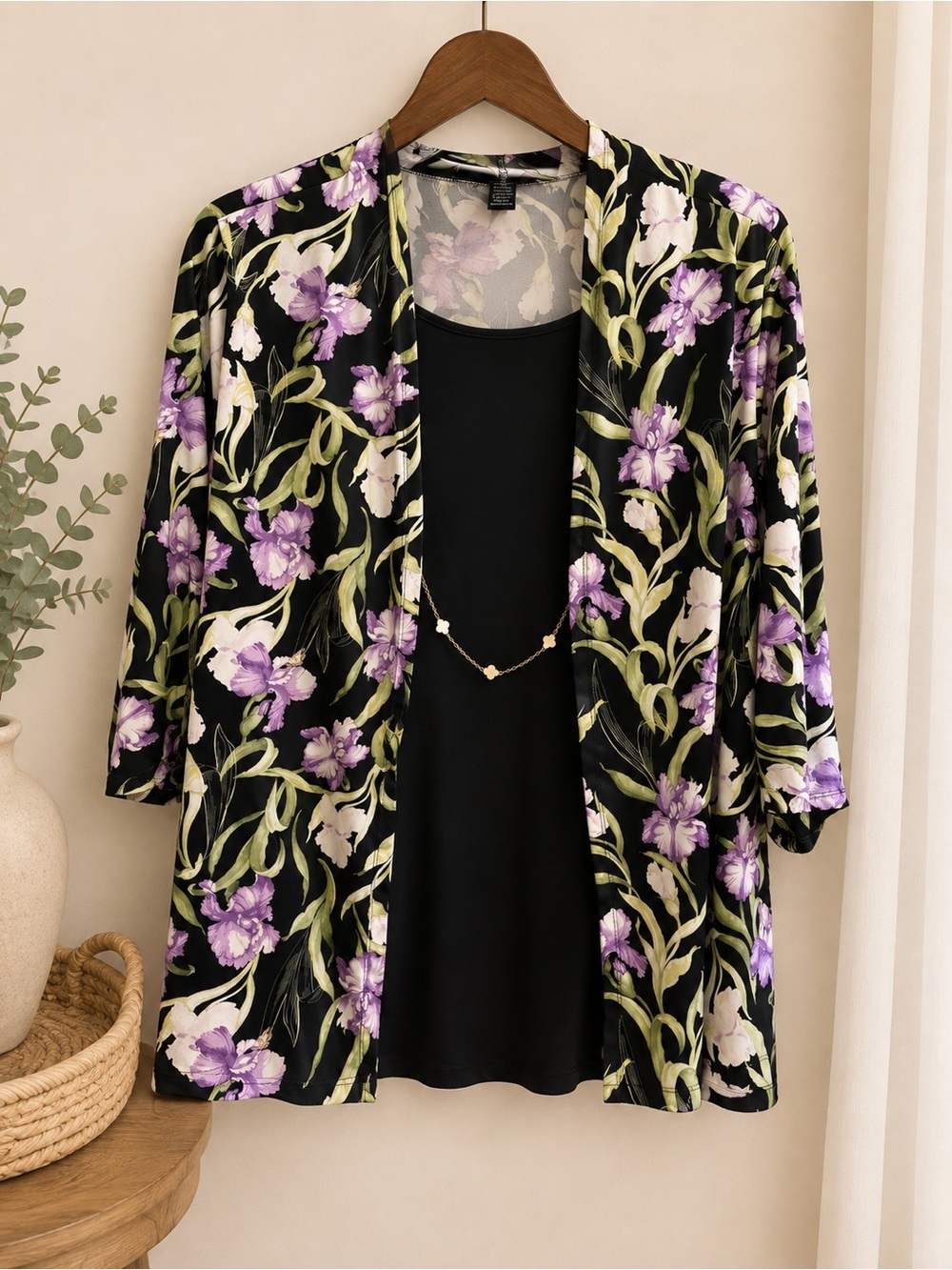 Emily Rose 1X Black Purple Floral Layered Tunic Top Necklace